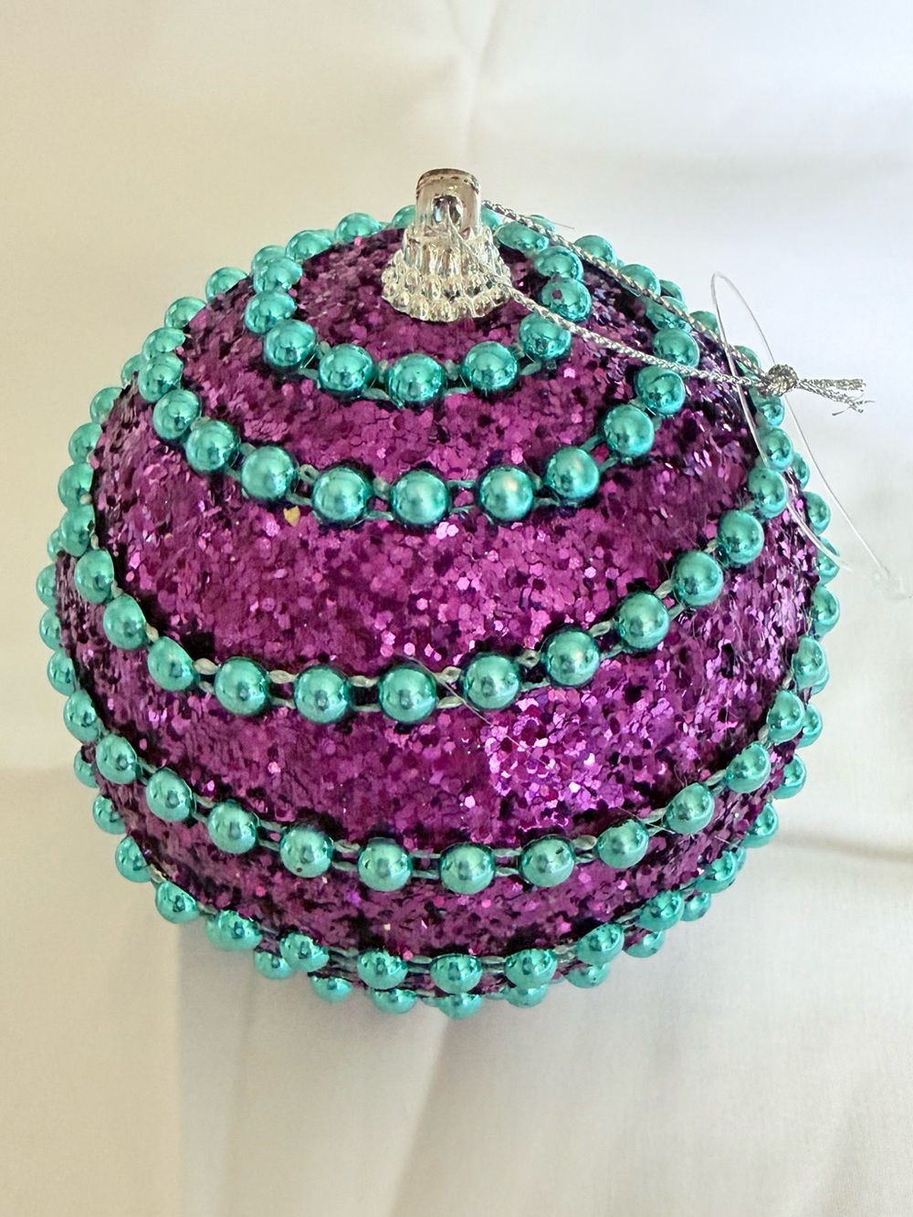 Glittery Purple/Pink Ornament with Teal Bead Spiral